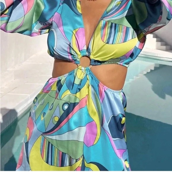 Show Me Your Mumu Go Out Cut Out Mini Dress Go Go Luxe Satin Blue Green XS, M - Picture 2 of 10